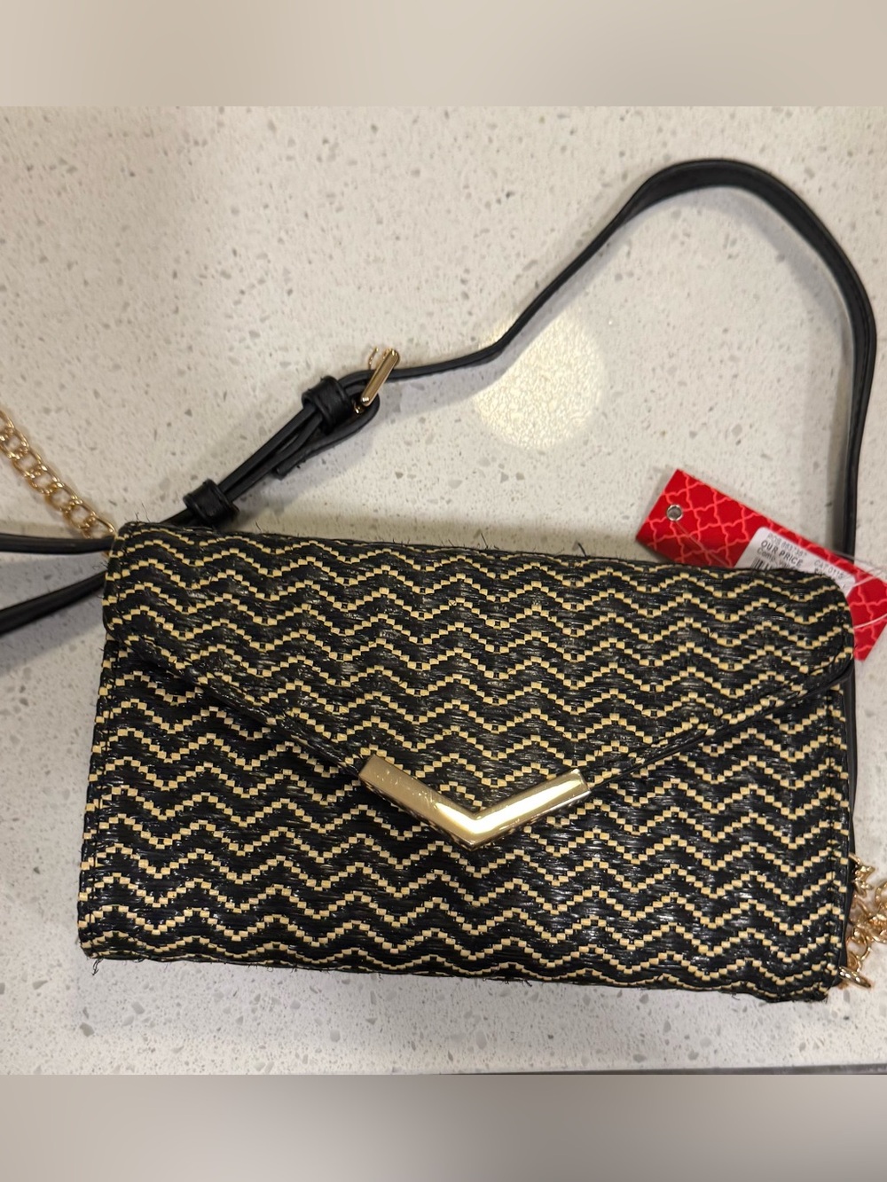 Kelly & Katie black and Gold Chevron Crossbody Bag with Gold V Accent